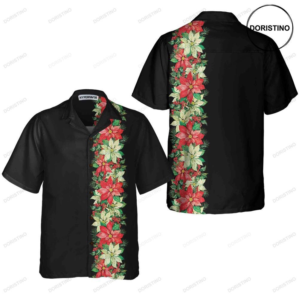 Christmas Poinsettia Flowers And Holly Berries Christmas Floral Christmas Sh Awesome Hawaiian Shirt