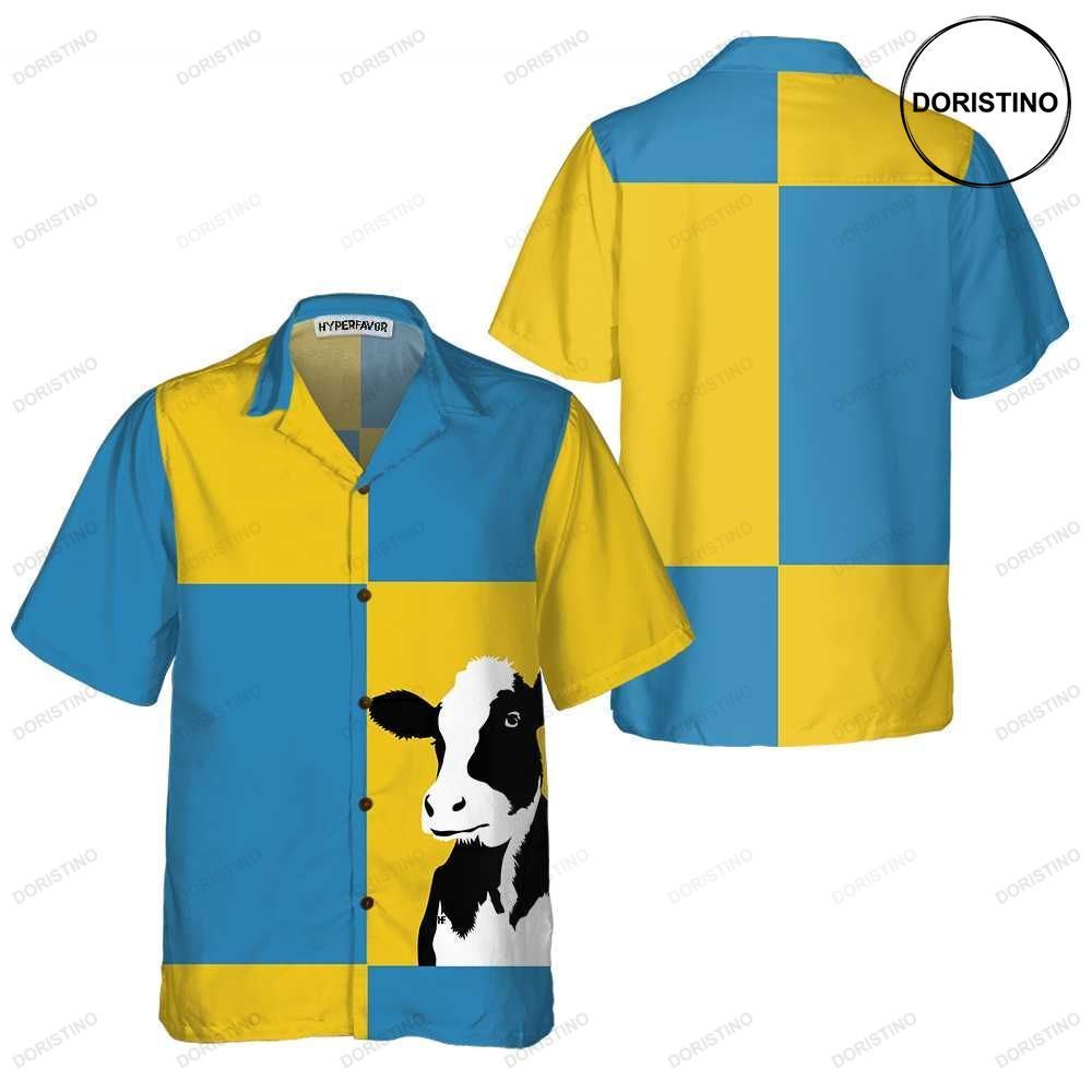 Cow On Yellow And Blue Background Cow For Men Women Funny Cow Prin Awesome Hawaiian Shirt