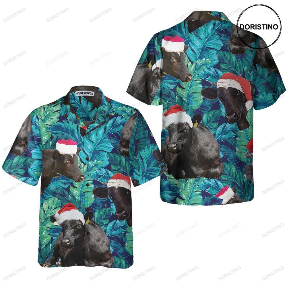 Cows Black Cattle Wear Santa Hat Tropical Leaves Pattern Christmas Best Gift Fo Limited Edition Hawaiian Shirt