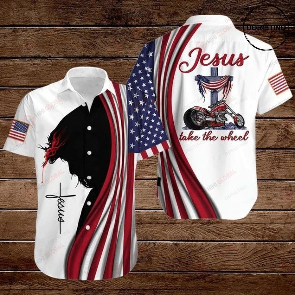 Cross Jesus Bible Americal Flag Biker Jesus Take The Wheel Awesome Hawaiian Shirt
