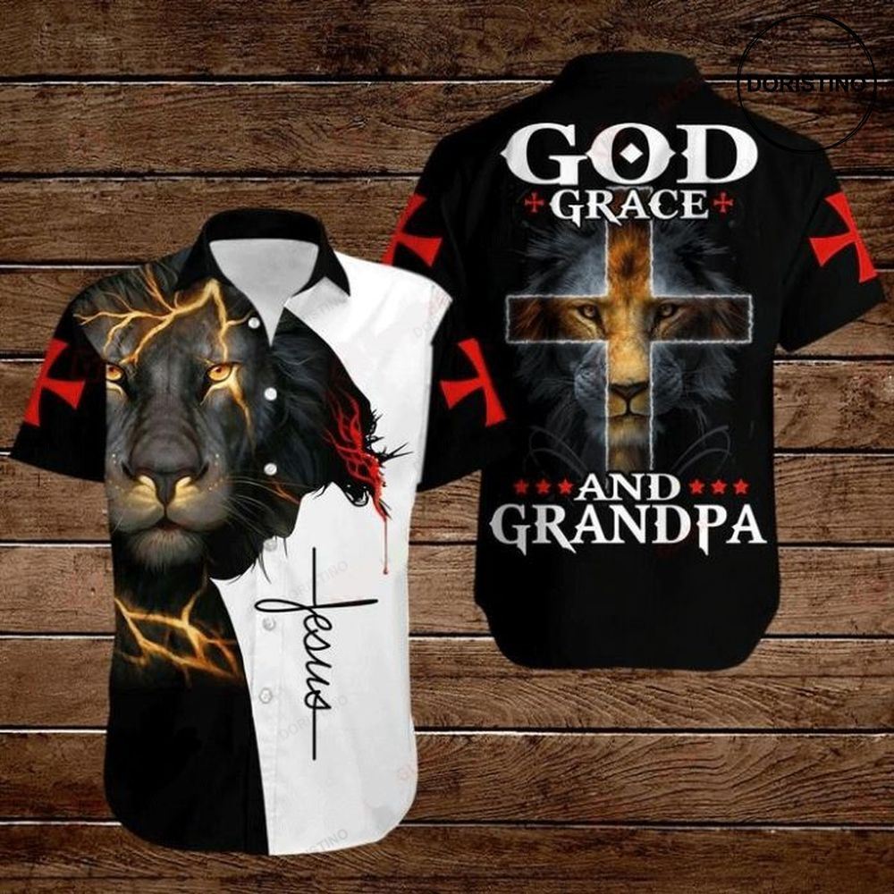Cross Jesus Bible Lion God Grace And Grandpa Awesome Hawaiian Shirt