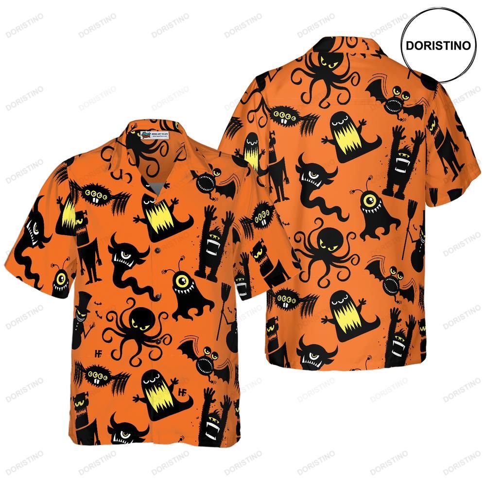 Cute Monster Silhouette Halloween Bigfoot Pumpkin Orange And Black Halloween Bigfoot Hawaiian Shirt