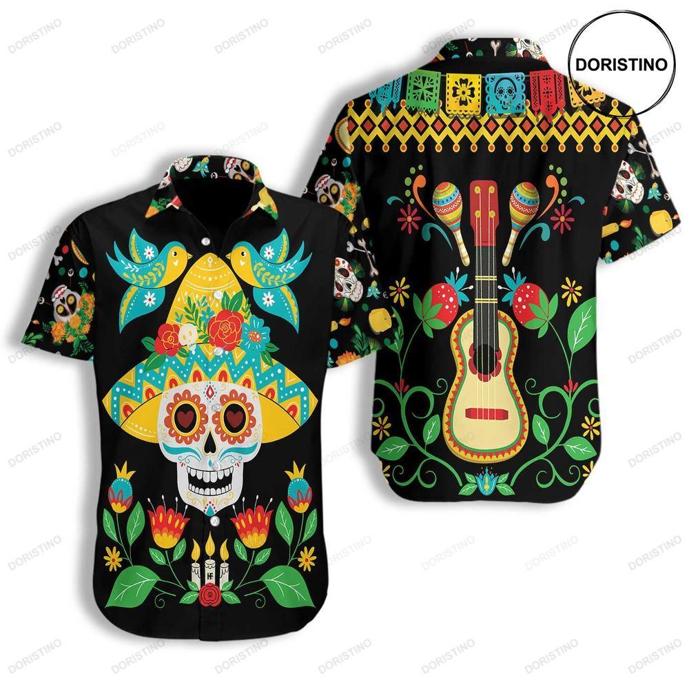 Day Of Dead Sugar Skull And Guitar Funny Mexican Skull Halloween Best Halloween Hawaiian Shirt