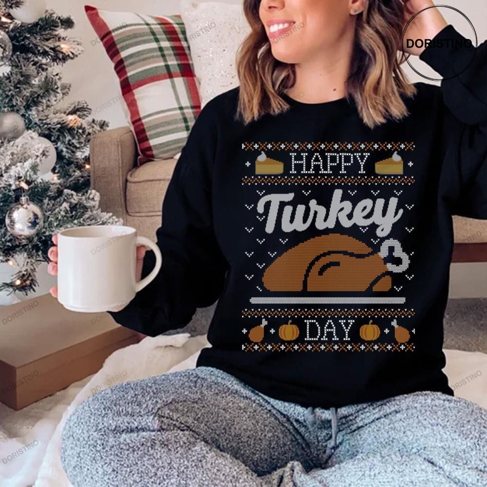 Happy Turkey Day Thanksgiving Knit Pattern Shirt