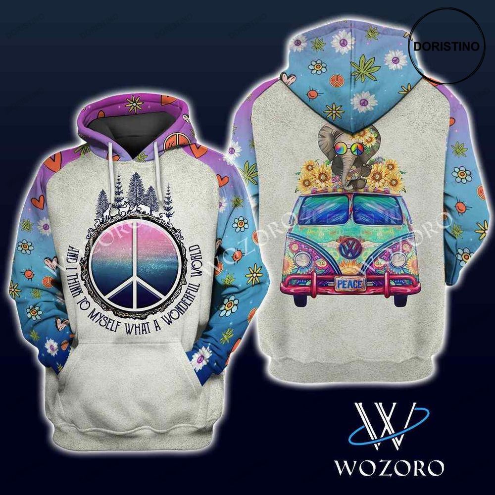 And I Think To Myself What A Wonderful World Elephant Car Peace Hippie Awesome 3D Hoodie