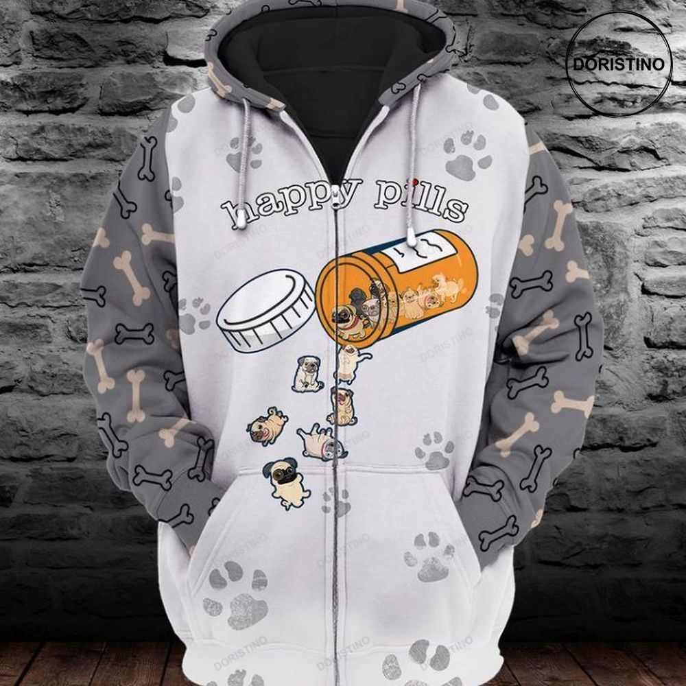 Love Pug Dog Happy Pills Awesome 3D Hoodie