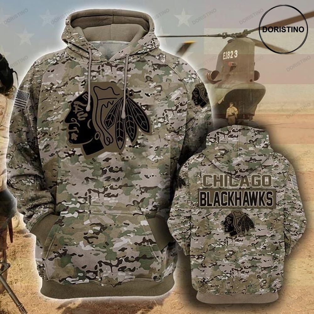 Chicago Blackhawks Camouflage Veteran Cotton Awesome 3D Hoodie