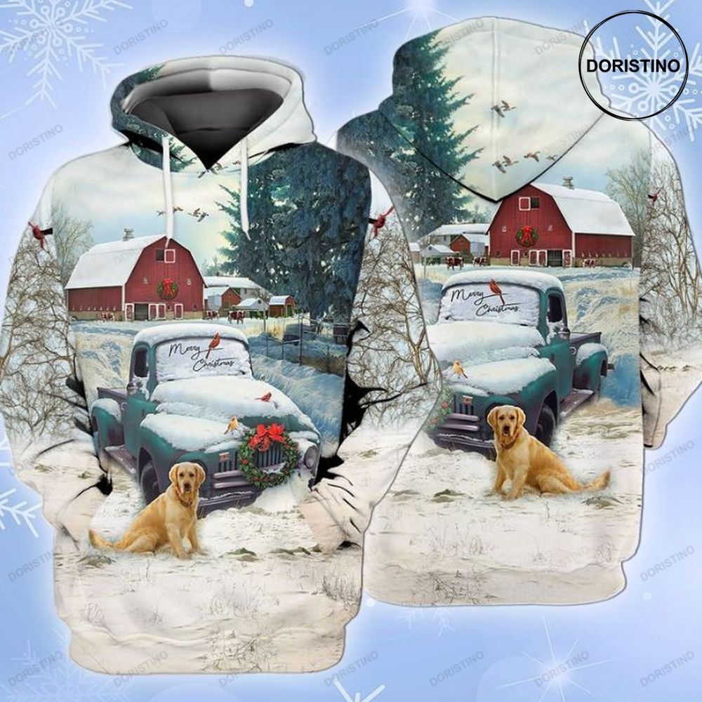 Christmas Farm Blue Truck With Red Barn And Retriever Dog Limited Edition 3d Hoodie