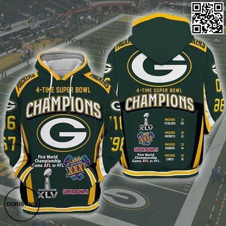 Amazon Sports Team Green Bay Packers Nfl 4 Time Super Bowl Champions No217 All Over Print Hoodie