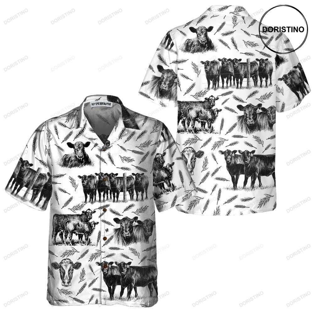 Monochrome Black Angus And Wheat Pattern Cow Funny With Cows Awesome Hawaiian Shirt