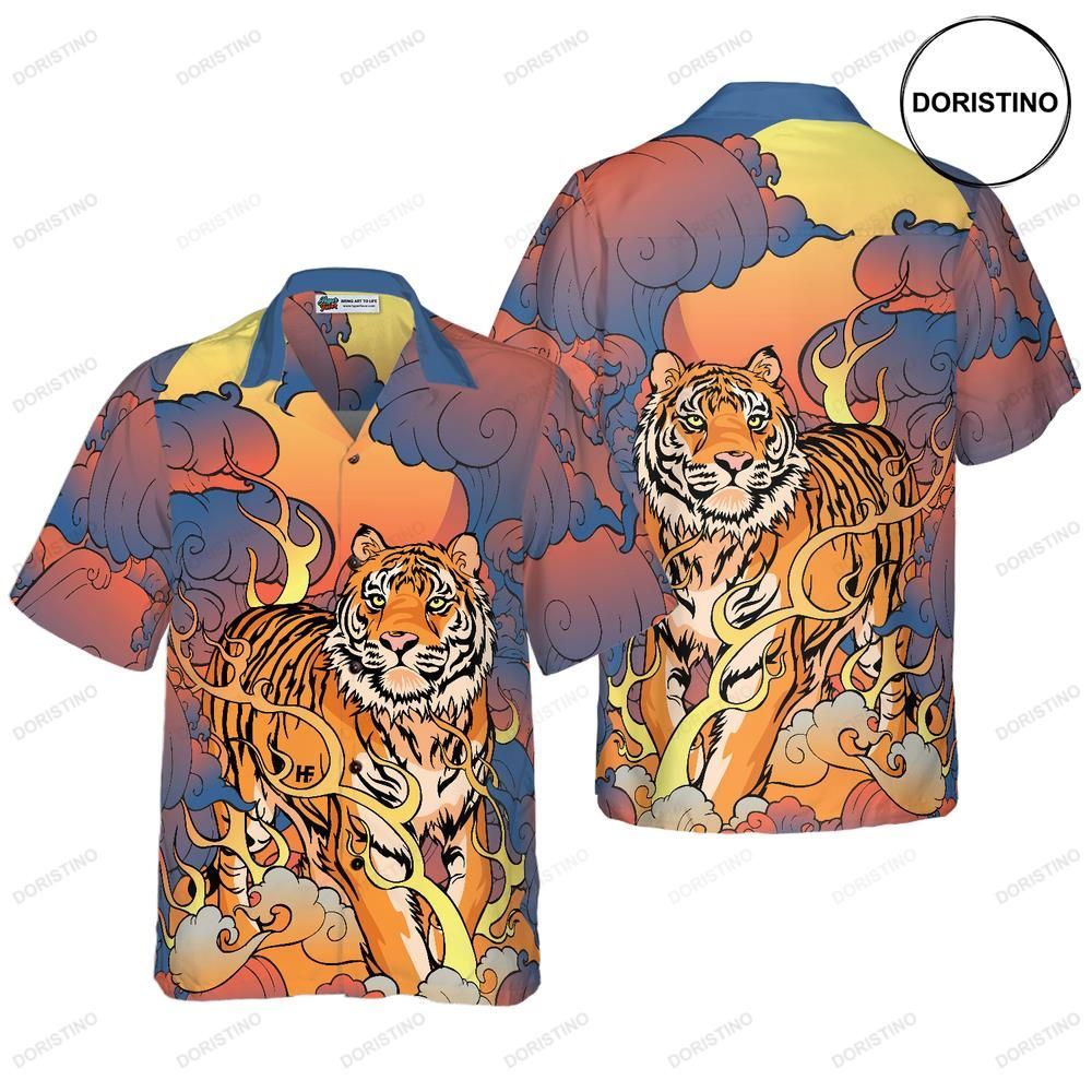 Oriental Powerful Tiger Dawn Sun And Cloud Tiger Prin For Men Awesome Hawaiian Shirt