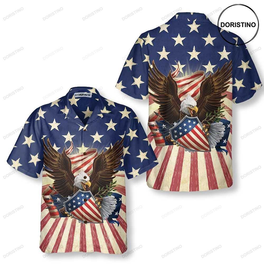 Patriotic Eagle Defending Honor And America American Flag Button-down Hawaiian Shirt