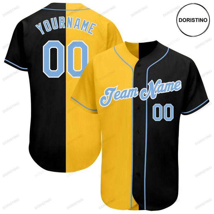 Custom Personalized Black Light Blue Gold Split Fashion Doristino All Over Print Baseball Jersey
