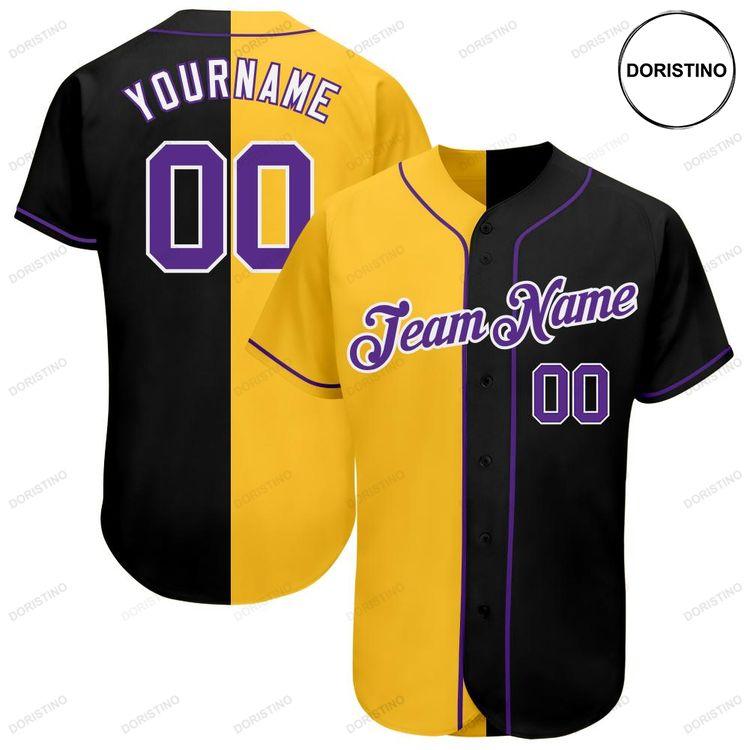 Custom Personalized Black Purple Gold Split Fashion Doristino Awesome Baseball Jersey