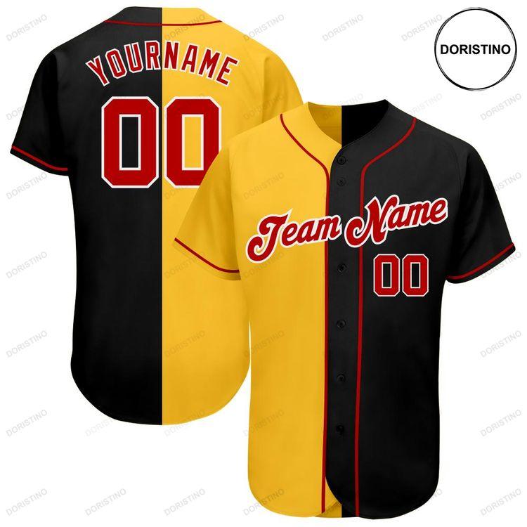 Custom Personalized Black Red Gold Split Fashion Doristino Awesome Baseball Jersey