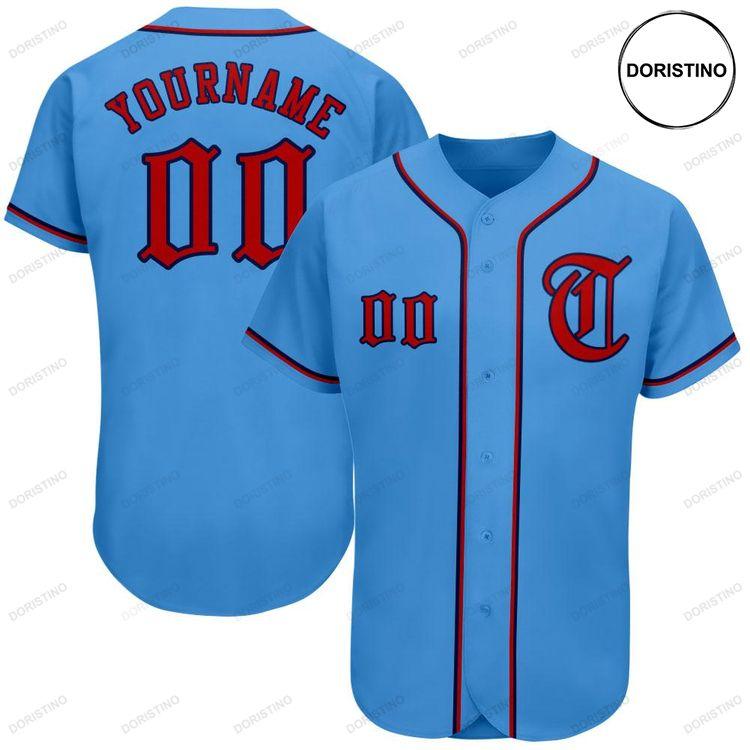 Custom Personalized Powder Blue Red Navy Doristino Awesome Baseball Jersey