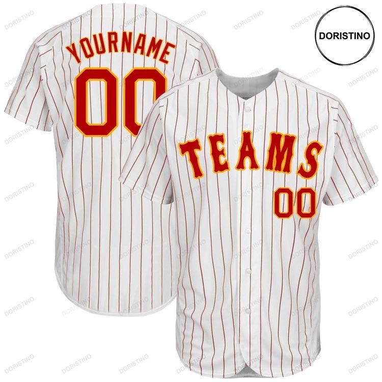 Custom Personalized White Red Strip Red Gold Doristino All Over Print Baseball Jersey