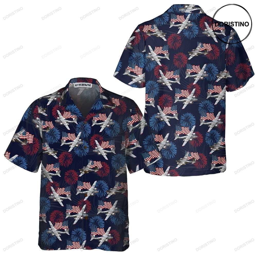 A-26 Invader Aircraft American Flag And Firework Military Airplane For Men Awesome Hawaiian Shirt