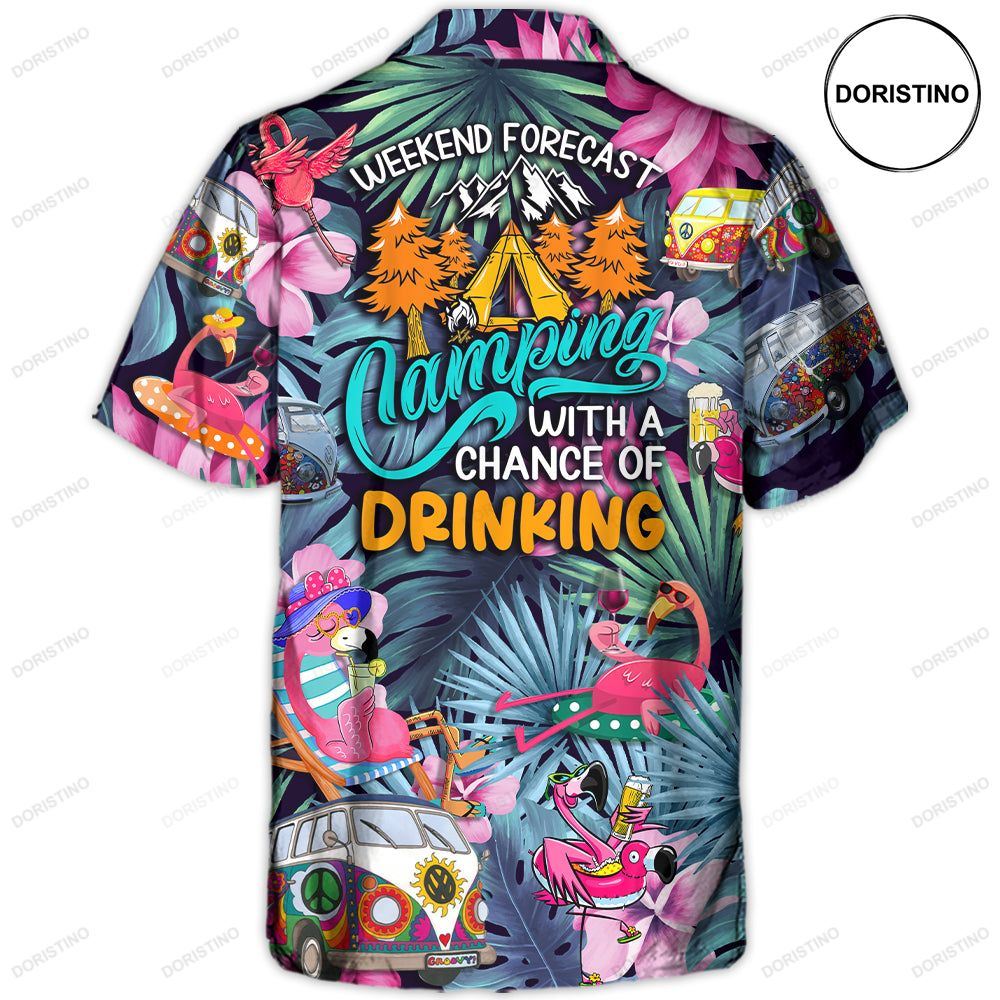 Camping Funny Flamingo Weekend Forecast Camping With A Chance Of Drinking Limited Edition Hawaiian Shirt
