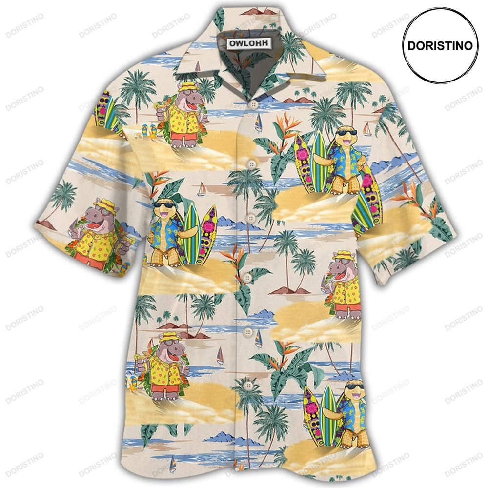 Cartoon Hippo And Turtle Tropical Hawaiian Shirt
