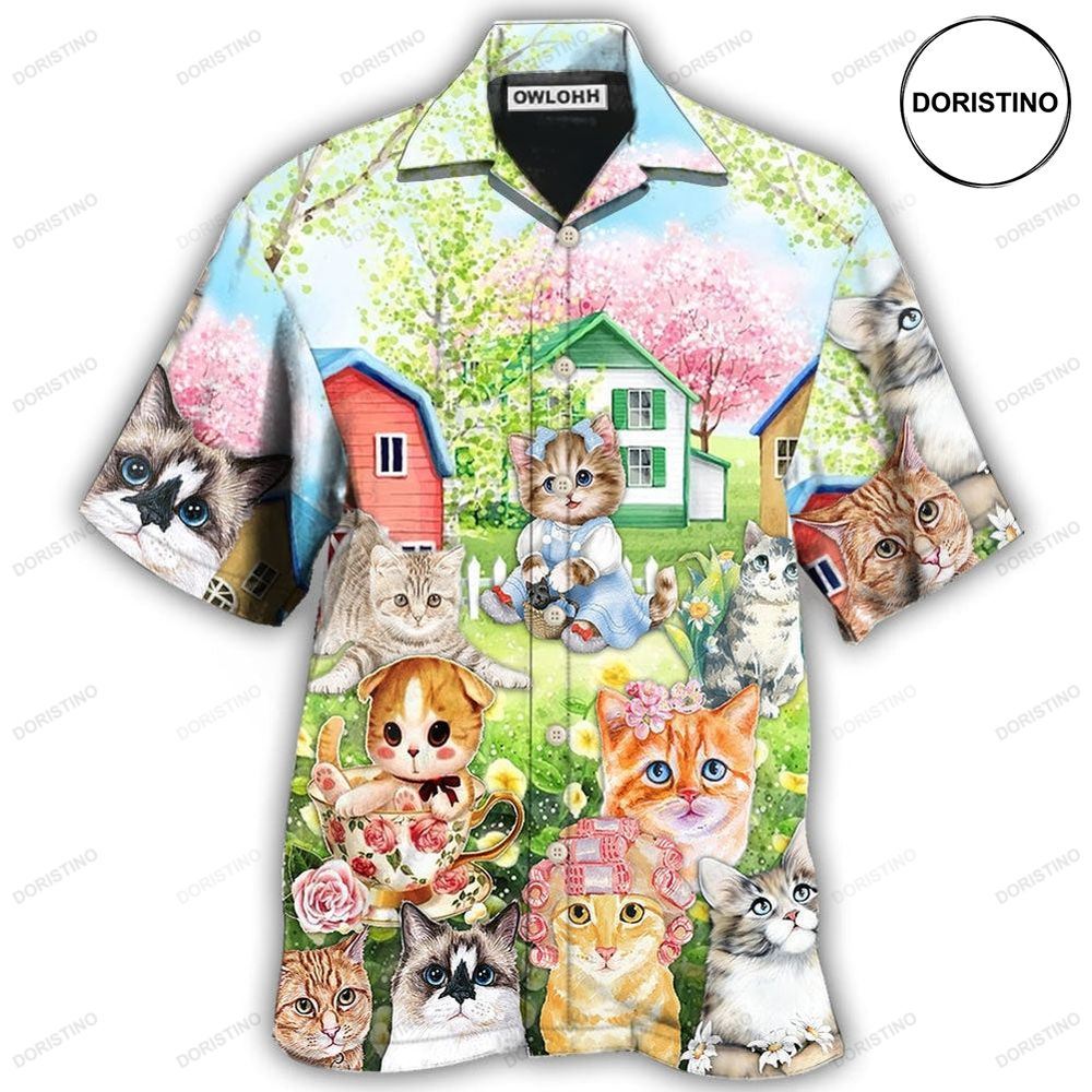 Cat Flowers And Lovely House Art Awesome Hawaiian Shirt