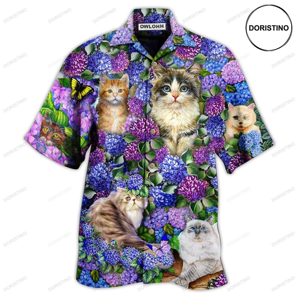 Cat Lovely And Purple Flowers Hawaiian Shirt