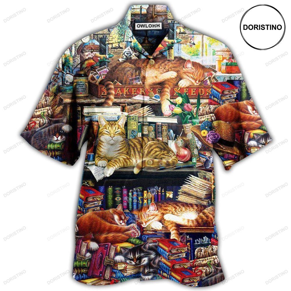 Cat Sleeping With Books Happiness Is A Good Book Limited Edition Hawaiian Shirt