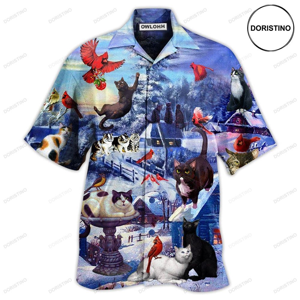 Cat Watching Cardinal Birds Hawaiian Shirt