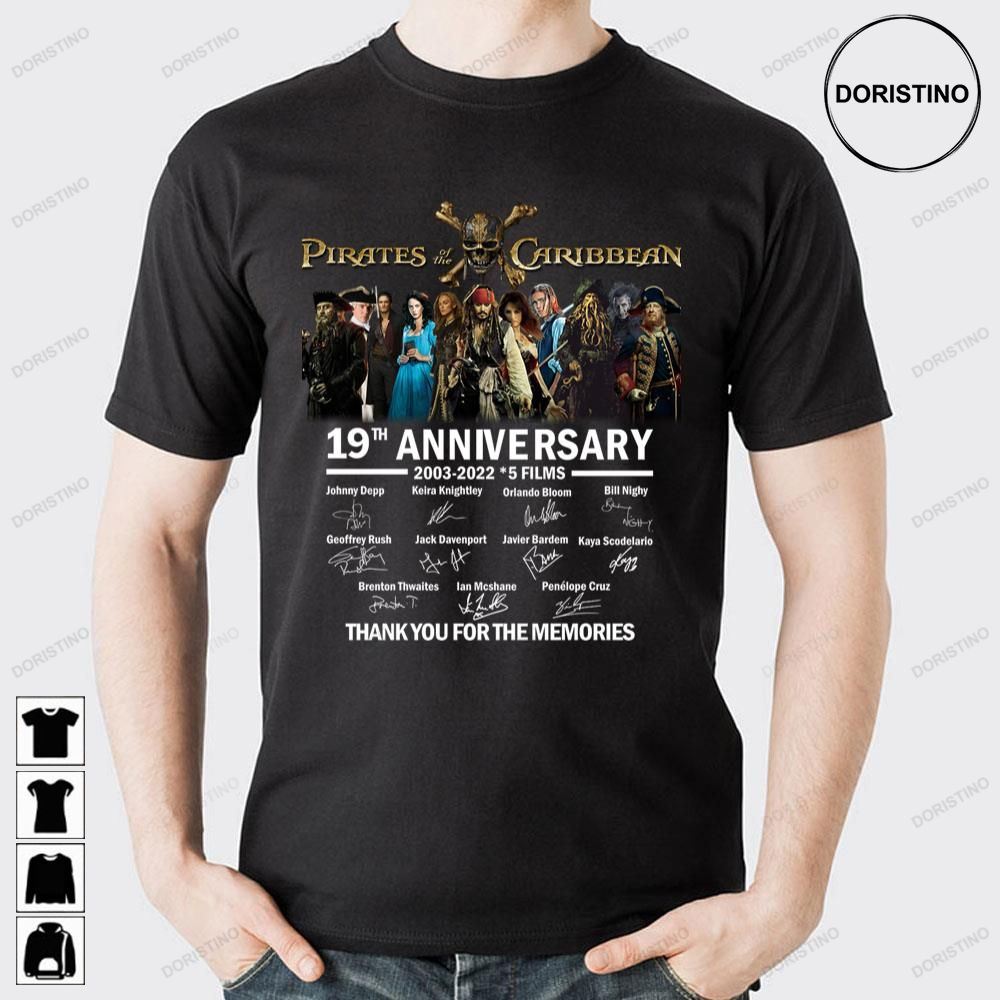 Pirates Of The Caribbean 2003 2022 17th Anniversary Cast Full Signed Thank You Movie Doristino Limited Edition T-shirts