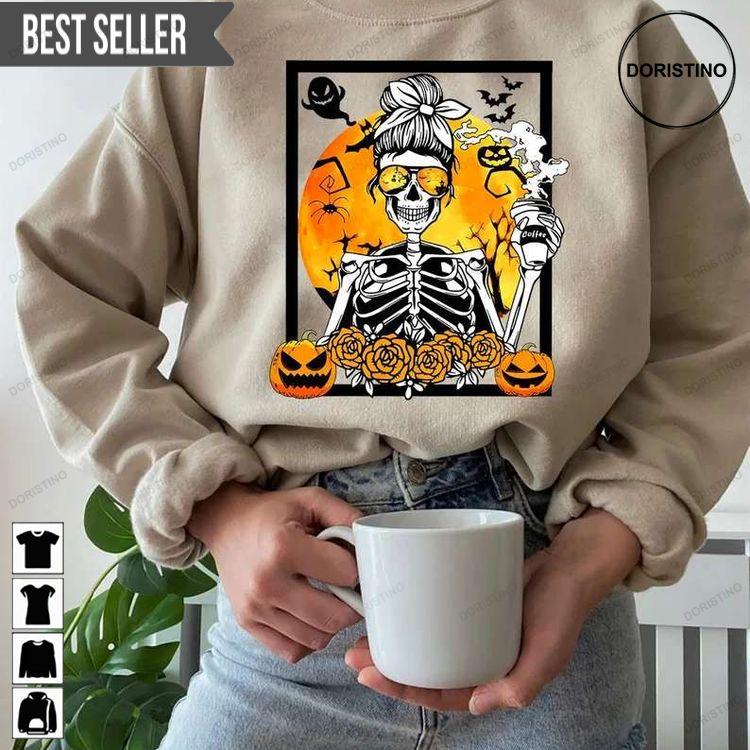 Halloween Skeleton Coffee Halloween Coffee Lover Sweatshirt Long Sleeve Hoodie