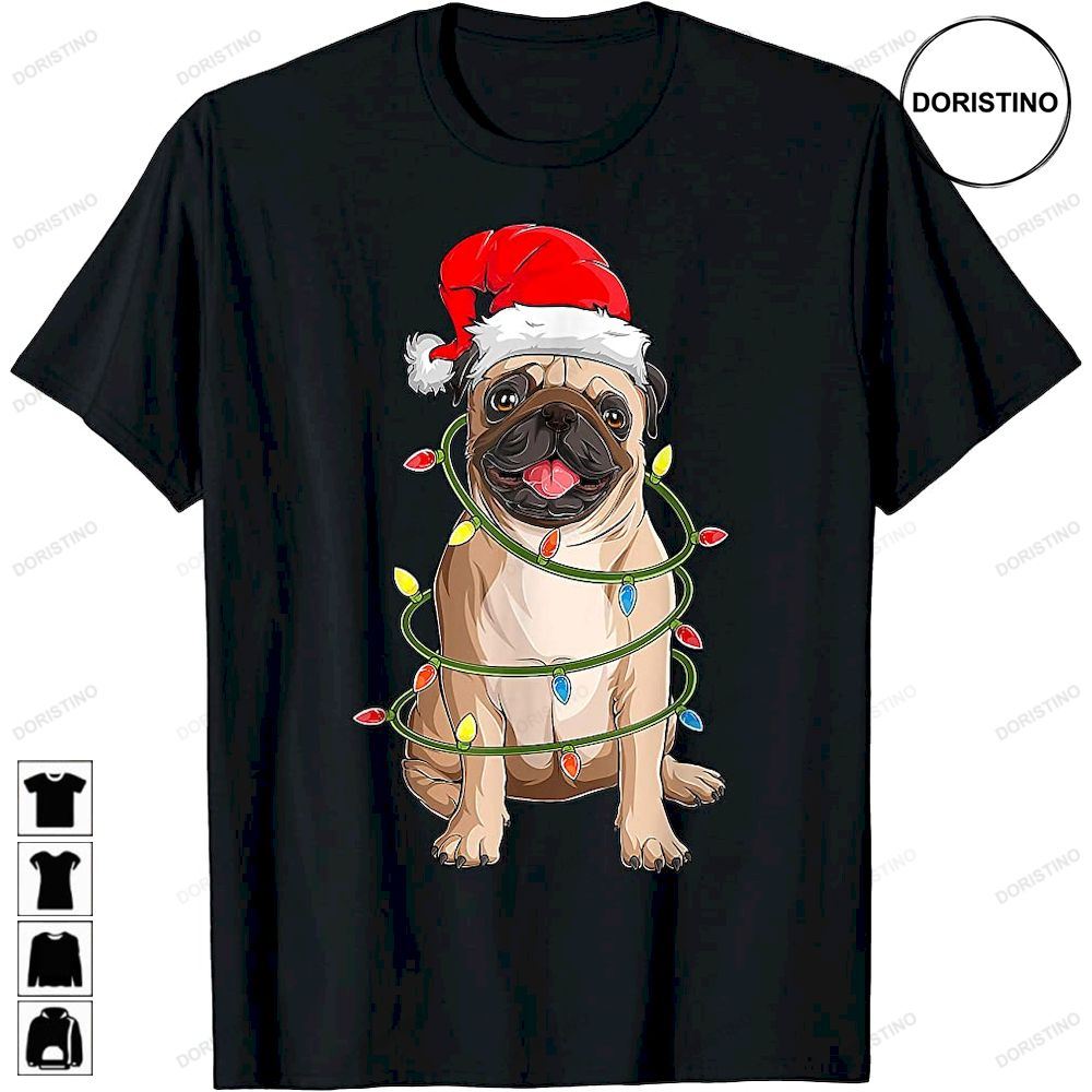 Cute Pug Dog Funny Christmas Men Women Xmas Lights Santa Hat Trending Style