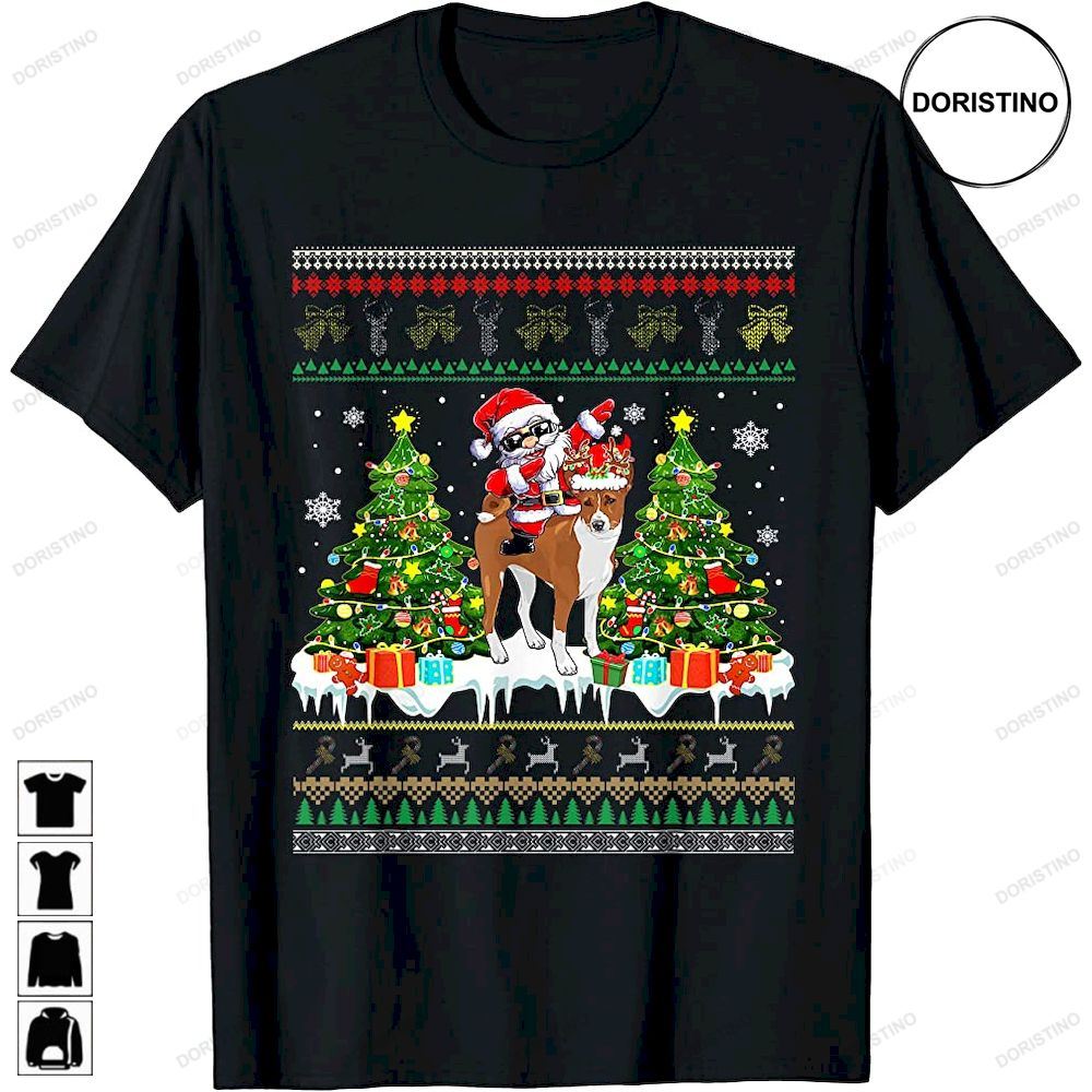 Dabbing Santa Sunglasses Riding Reindeer Basenji Dog Xmas Trending Style