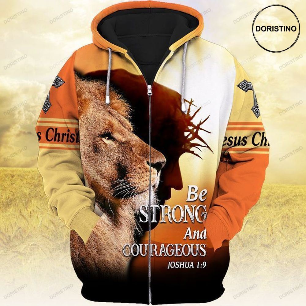 Jesus And Lion Be Strong And Courageous All Over Print Hoodie