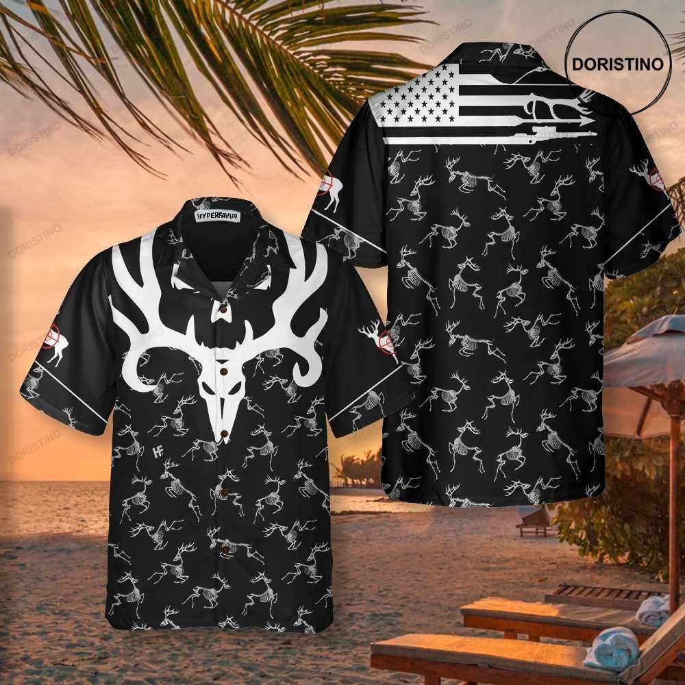 Deer Head Skull Bone America Hunting Black And White Deer Hunting Awesome Hawaiian Shirt