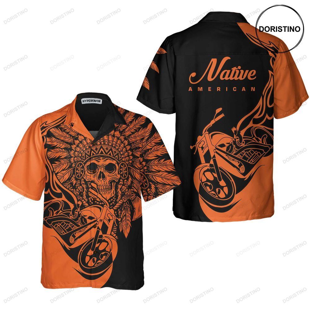 Fire Racing Skull Biker Native American Motorcycle Gift For Native American Hawaiian Shirt