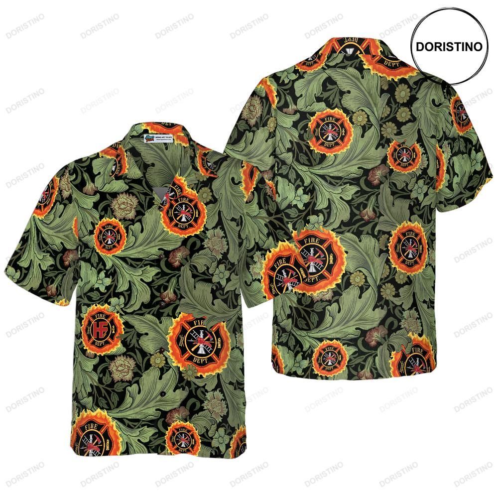 Fire Rescue Proud Firefighter Floral And Leaves Fire Dept Logo Firefighter For Awesome Hawaiian Shirt