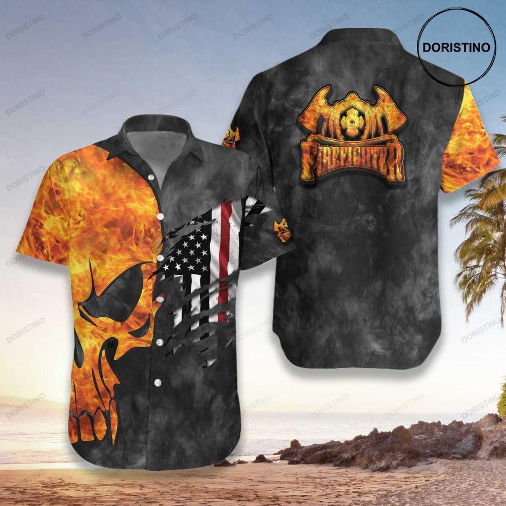 Firefighter And Flame Skull Firefighter Firefighter Cross Axes Ripped American Flag F Awesome Hawaiian Shirt