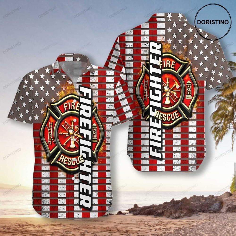 Firefighter Logo And Red American Flag Firefighter Horizontal Stripe Firefighter Shir Awesome Hawaiian Shirt