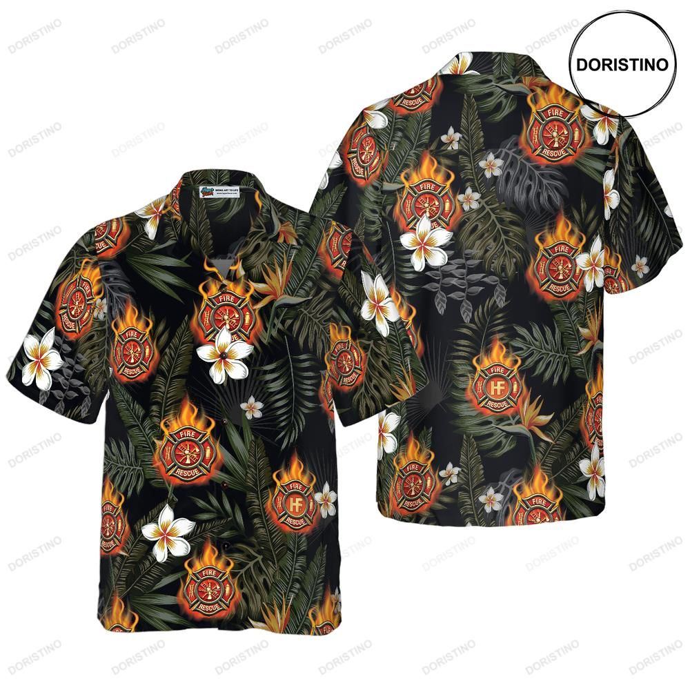 Firefighter Logo On Flame And Black Tropical Seamless Firefighter Floral Firefighter Limited Edition Hawaiian Shirt