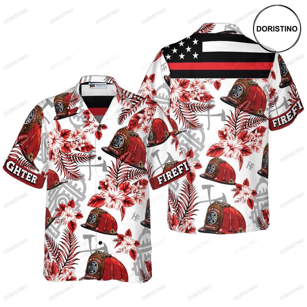 Firefighter Red Helmet Black American Flag Red Texas Bluebonnet For Me Hawaiian Shirt