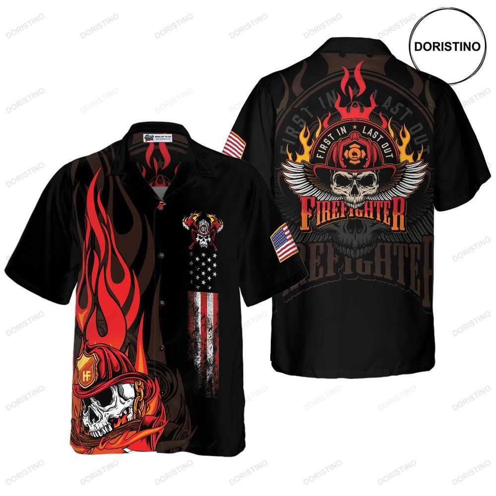 Firefighter Skull Flame Black American Flag First In Last Out Firefighter Sh Limited Edition Hawaiian Shirt