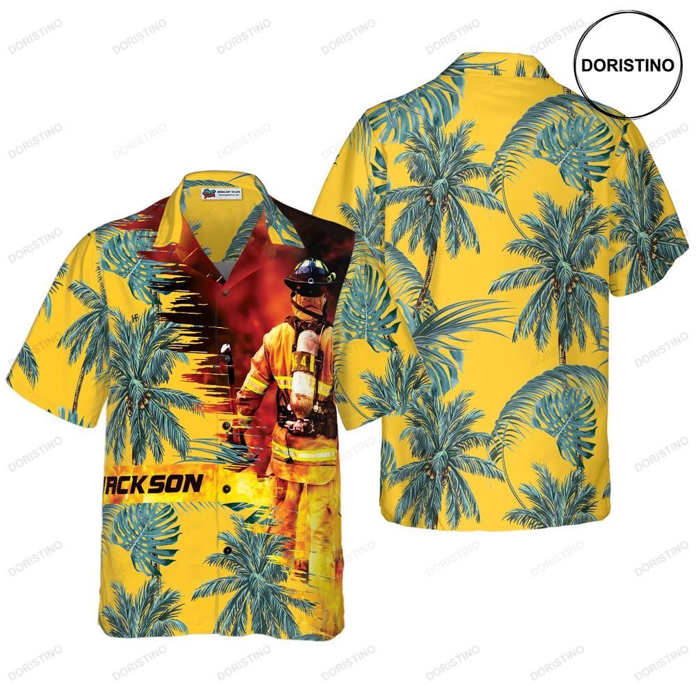 Firefighter Yellow Tropical Custom Personalized Tropical Palm Tree Firefighter Awesome Hawaiian Shirt