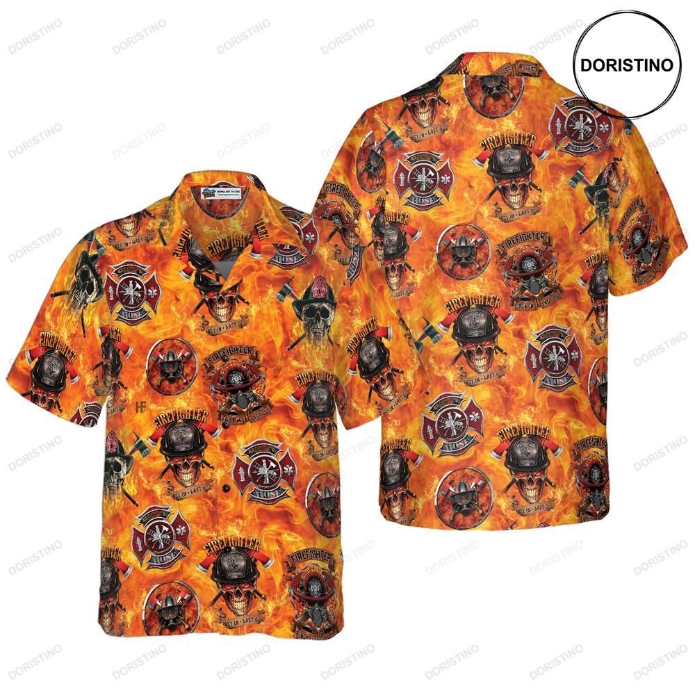 First In Last Out Firefighter Viking Flame Skull Shield Firefighter For M Hawaiian Shirt
