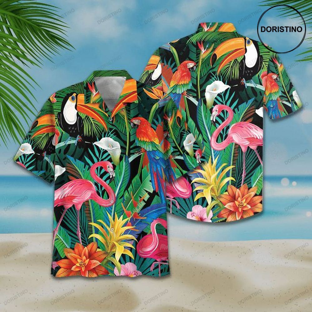 Flamingo And Parrot Tropical Flowers Print Awesome Hawaiian Shirt