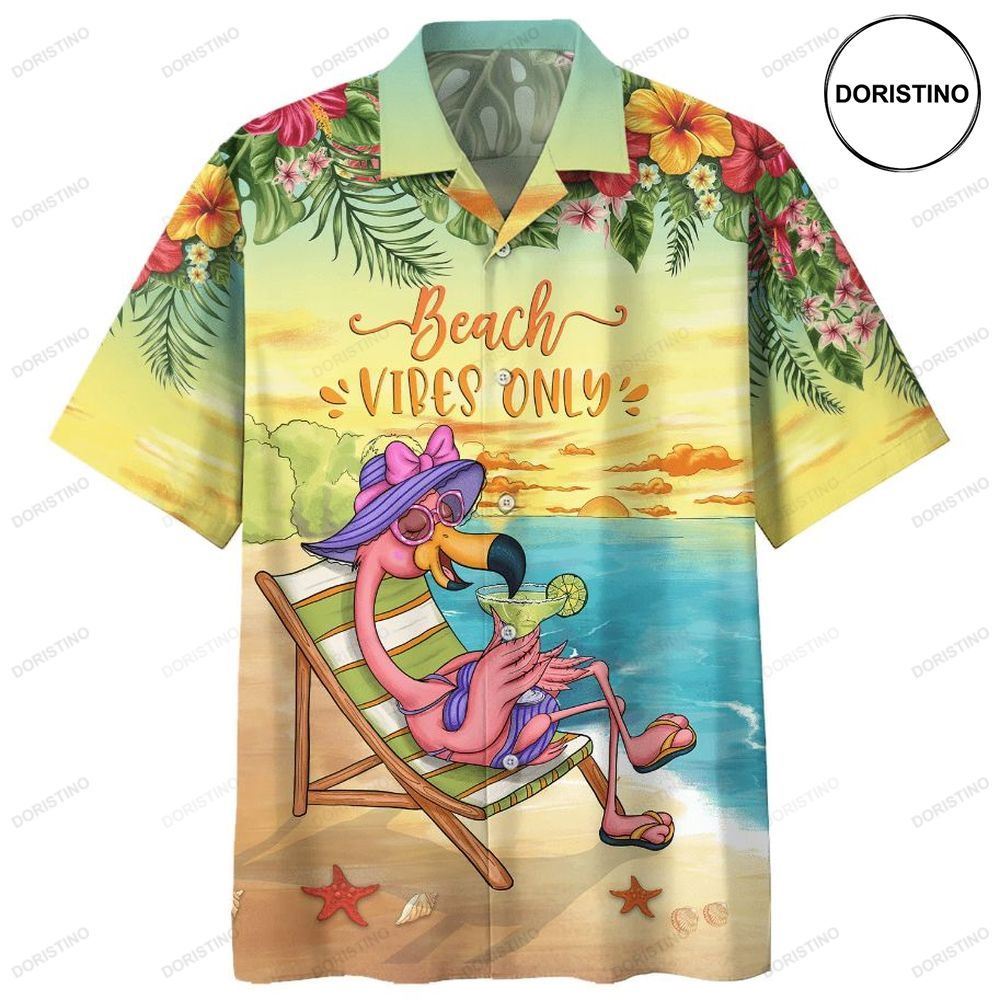 Flamingo Beach Vibes Only Print Awesome Hawaiian Shirt
