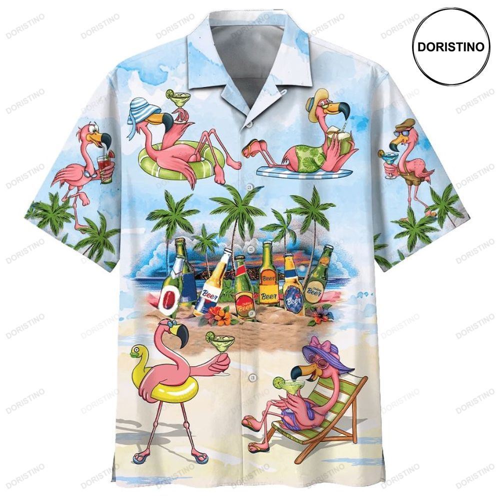 Flamingo In The Beach Print Hawaiian Shirt