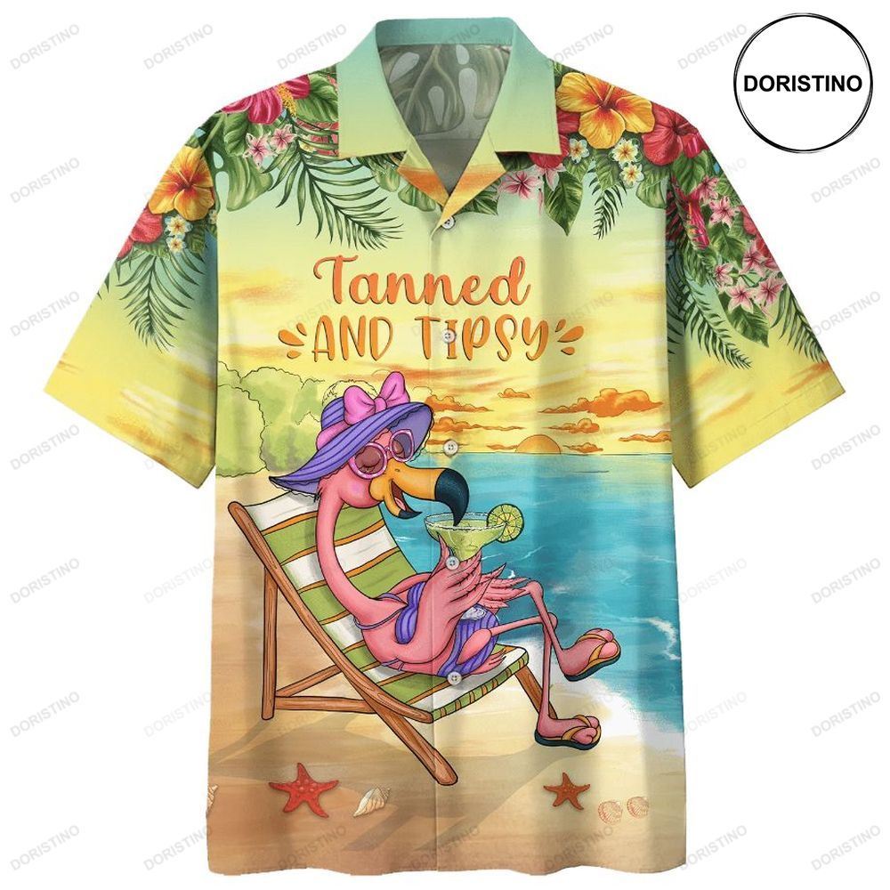 Flamingo Tanned And Tipsy Print Hawaiian Shirt