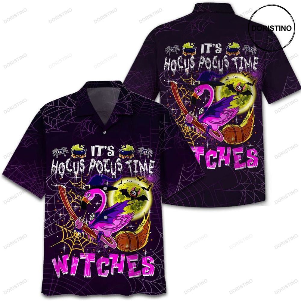 Flamingo Witch Its Hocus Pocus Time Witches Print Hawaiian Shirt