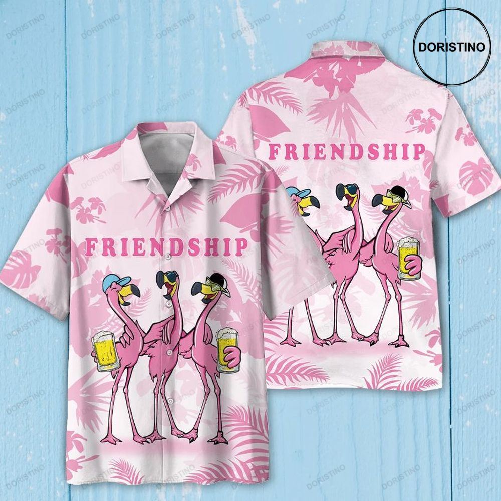 Flamingoes Drink Beer Friendship Print Hawaiian Shirt