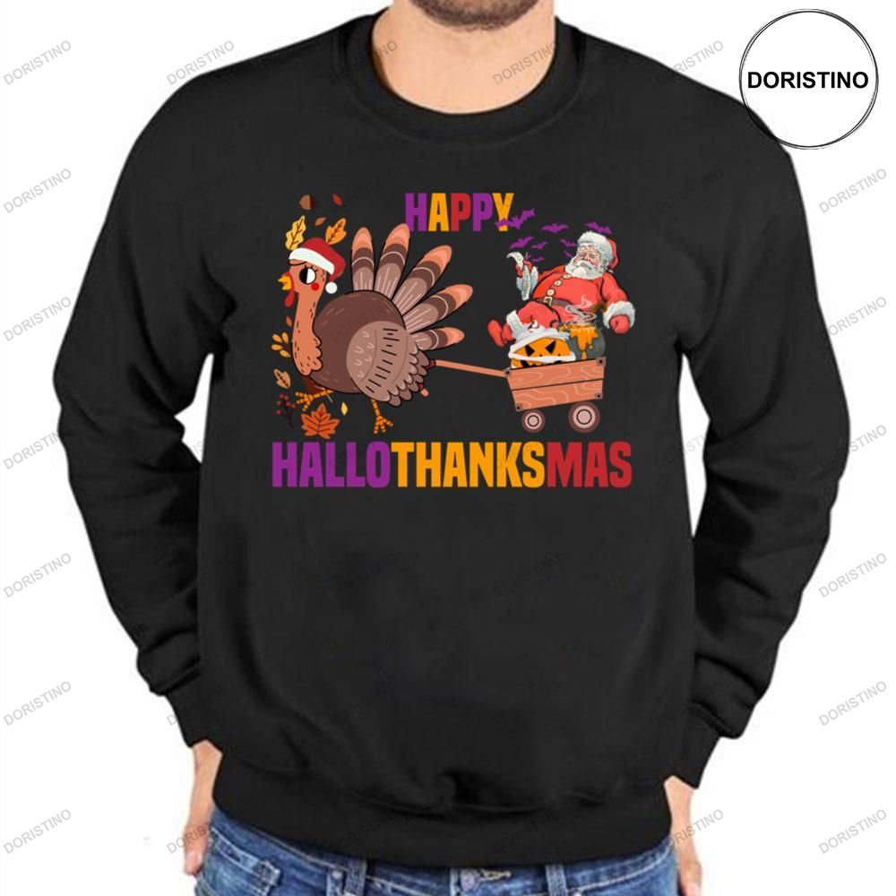 Cute Turkey And Santa Happy Hallothanksmas Shirts